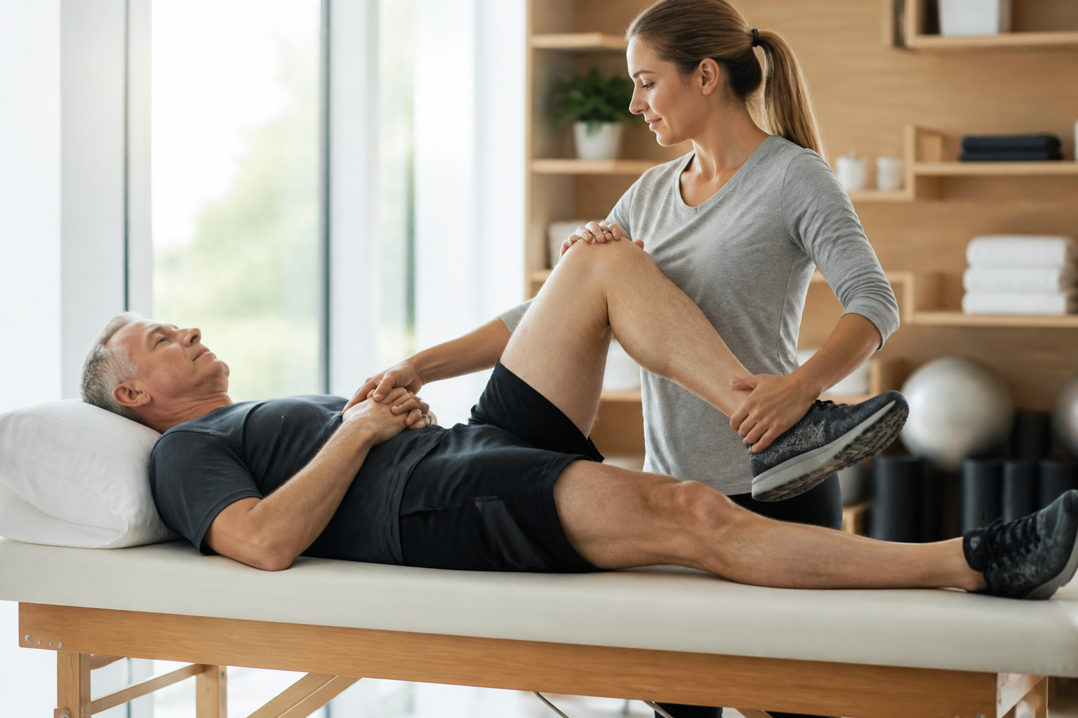 Sessão de fisioterapia com alongamento de joelho